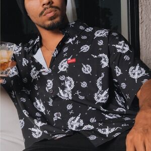 DIXXON "The Candle" Black White Graphic Button‎ Up Short Sleeve Shirt XL PARTY